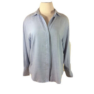 Zara Blue V-Neck Button Up Long Sleeve Relaxed Fit Top Sz S